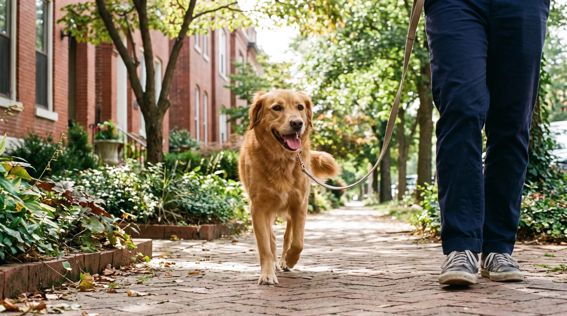 Illustrative scene of a dog and walker on a leafy brick-lined sidewalk